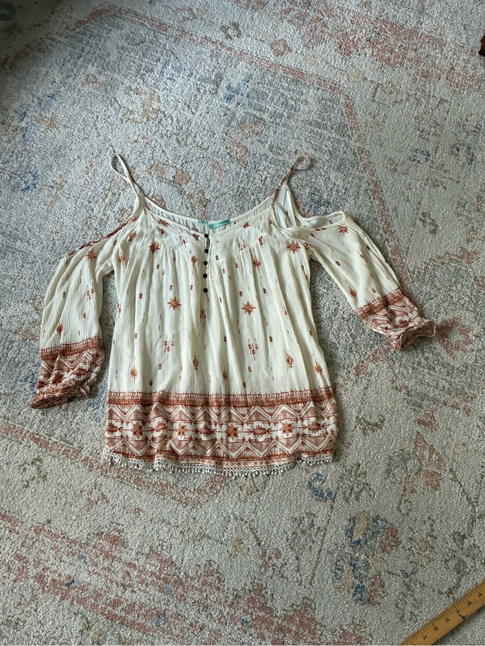 Maurices Boho Cold Shoulder Peasant Blouse Ivory Rust Pattern-Size L